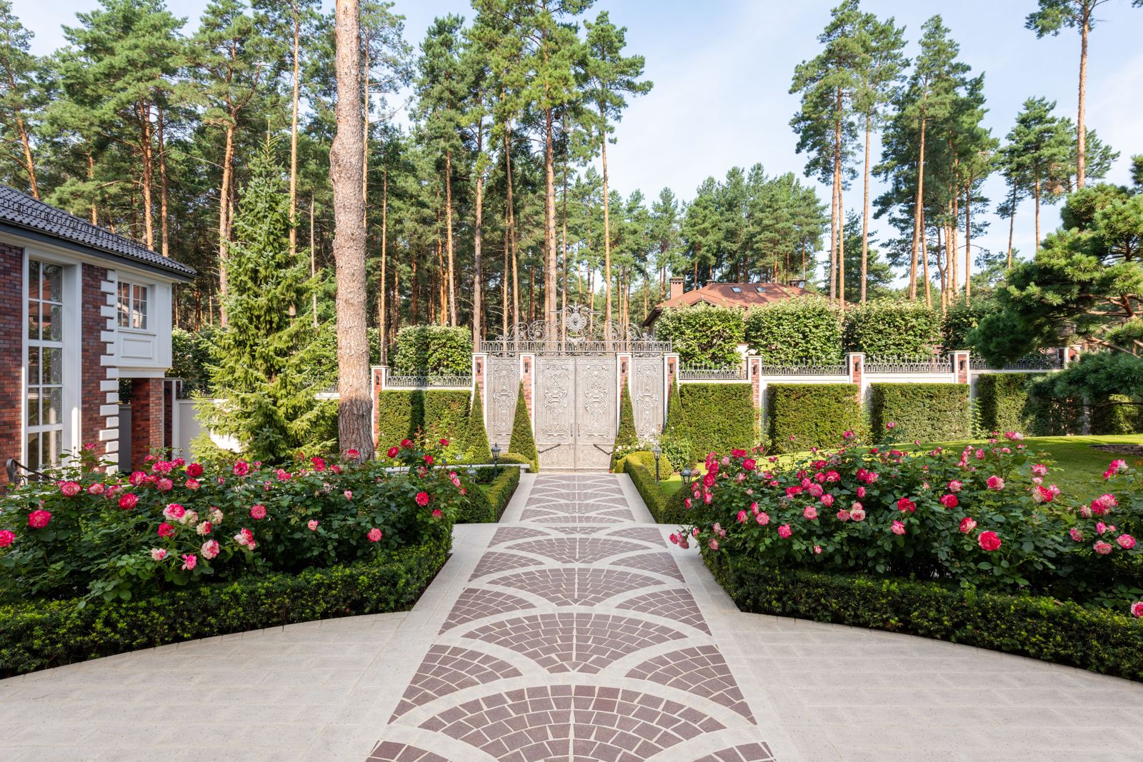 Rose bushes and clipped hedges lining a paver walkway to an ornate gate